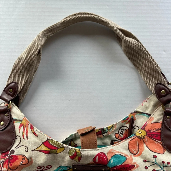 Lucky Brand Large Floral Bird Canvas Hobo Bag Tote Purse Bright Colorful VGUC - Picture 6 of 16